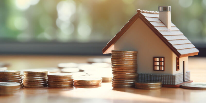 Toy house with coins representing refinance
